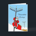 Chrismukkah, Interfaith Holiday, Santa and Menorah Holiday Card<br><div class="desc">Chrismukkah Greetings! Santa Claus climbs up a menorah in the shape of a light pole / streetlight. His gift bag is filled with gelt and dreidels. Some of the gelt has fallen out on the snow. Celebrate Hanukkah and Christmas with this interfaith greeting card. Santa element courtesy of JohnnyAutomatic/Openclipart. Image...</div>