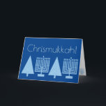 Chrismukkah Light Blue Holiday Add Your Photo<br><div class="desc">Add your favourite family photo to the inside of this charming Chrismukkah holiday card in pastel blue on rich royal blue. This elegant modern greeting card is designed for blended families who celebrate both Hanukkah and Christmas. The pale blue images of a Hanukkah Menorah and a Christmas Tree are repeated...</div>