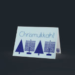 Chrismukkah Navy Blue Holiday Add Your Photo Card<br><div class="desc">Add your favourite family photo to the inside of this charming Chrismukkah holiday card in navy blue on pastel blue. This elegant modern greeting card is designed for blended families who celebrate both Hanukkah and Christmas. The dark navy blue images of a Hanukkah Menorah and a Christmas Tree are repeated...</div>