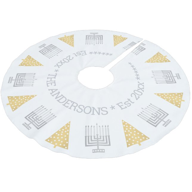 Chrismukkah Silver Menorahs Gold Trees Holiday Brushed Polyester Tree Skirt (Angled)