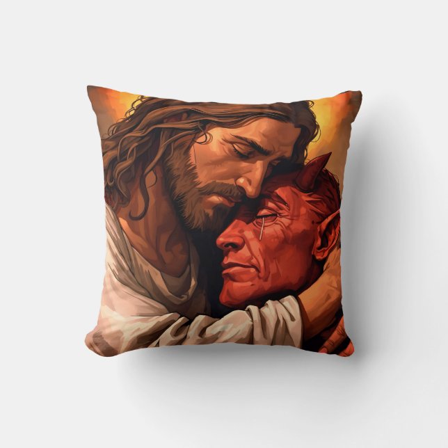Christ Comforting Lucifer Throw Pillow (Front)