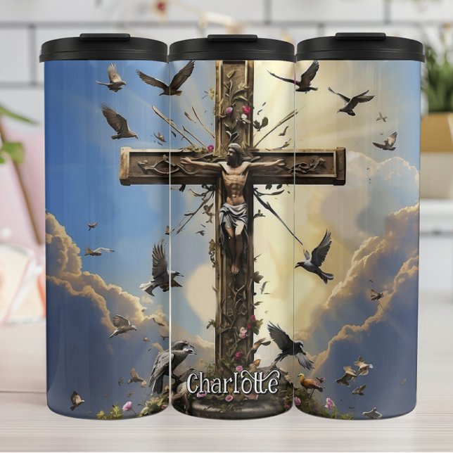 Christ Cross Ascends Doves Flowers Thermal Tumbler (Creator Uploaded)