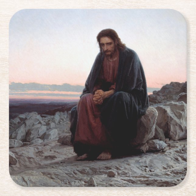 Christ in the Wilderness, Ivan Kramskoi Square Paper Coaster (Front)
