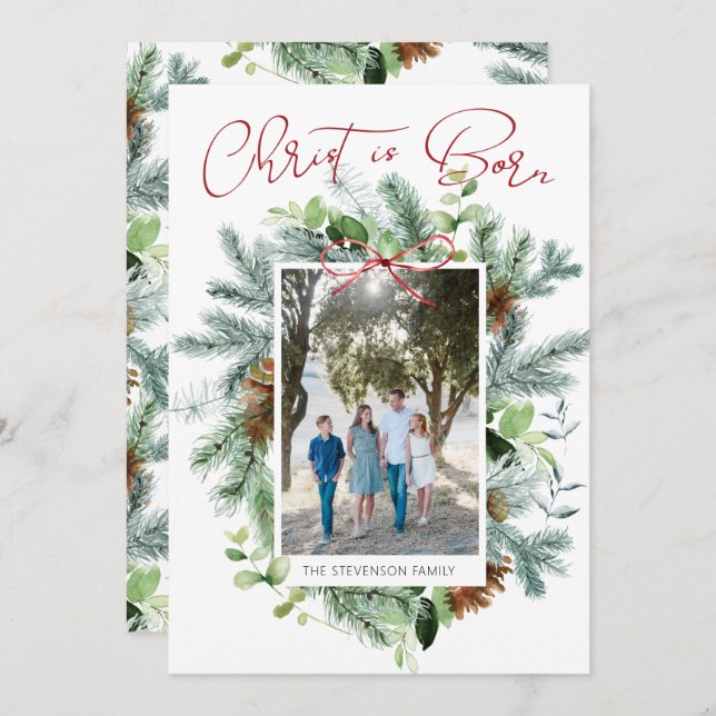 Christ is Born Photo Winter Greenery Holiday Card (Front/Back)