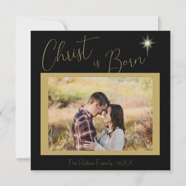 Christ is Born Scripture Black Gold Christmas Star Holiday Card (Front)