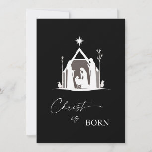 Christ is Born White Nativity Black Christmas  Holiday Card