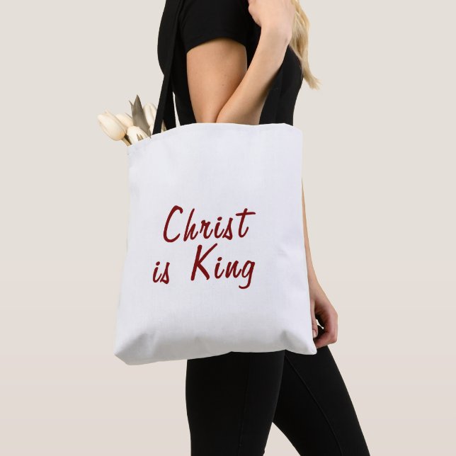 Christ is King | Red Text on White Tote Bag (Close Up)