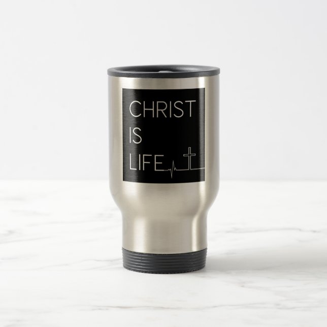 Christ Is Life Heartbeat Line and Cross Travel Mug (Center)