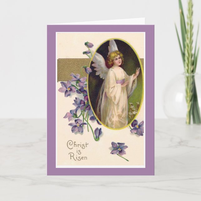 Christ is Risen Angel Violets Vintage Holiday Card (Front)