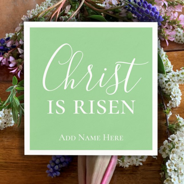 Christ is Risen Custom Green Christian Easter  Napkin (Christ is risen personalized modern script napkins. Christian Easter napkins mint green simple faith)