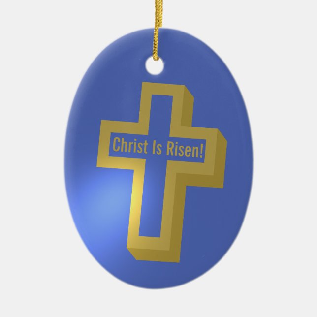 Christ Is Risen Gold Lit Christian Cross Easter Ceramic Tree Decoration (Front)