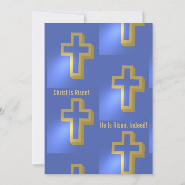 Christ is Risen Indeed Gold Christian Cross Blue Holiday Card (Front)