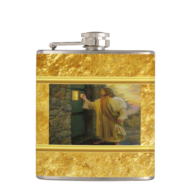 Christ Knocking on a Weathered Wooden Door Gold  Hip Flask (Front)