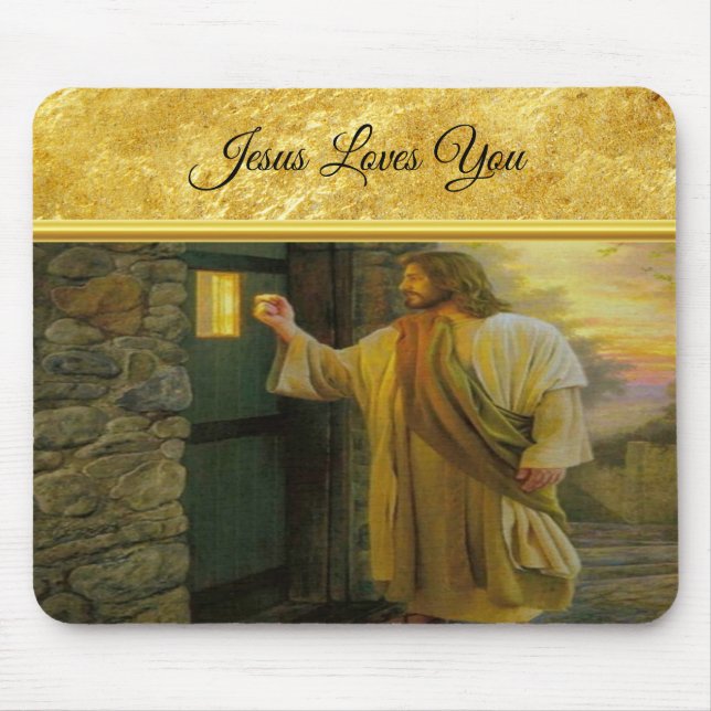 Christ Knocking on a Weathered Wooden Door Gold  Mouse Pad (Front)