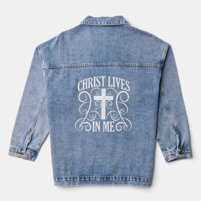Christ lives in me text cross and swirls denim jacket (Back)