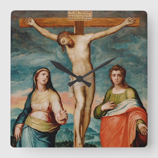 Christ on the Cross with Saints Square Wall Clock (Front)
