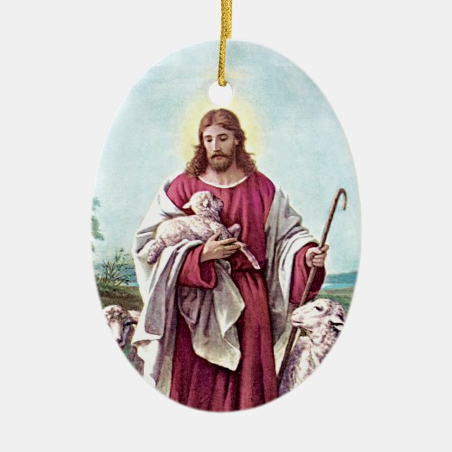 Christ The Good Shepherd Bernard Plockhorst 1878 Ceramic Tree Decoration (Front)