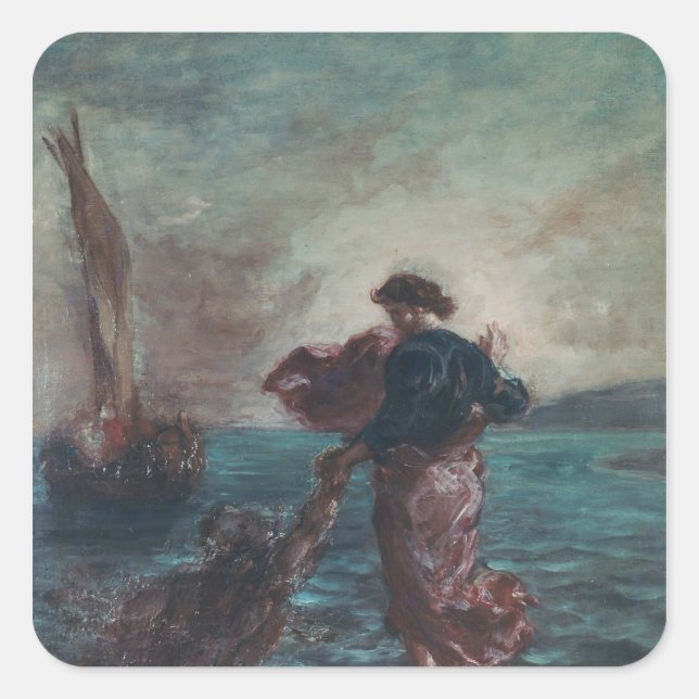 Christ walking on water square sticker (Front)