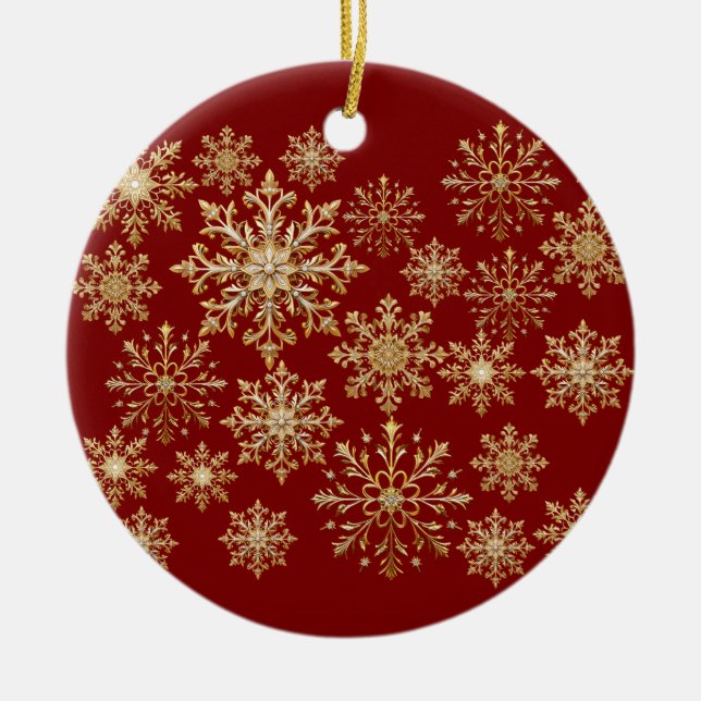 Christams Gold and Red Snowflake  Ceramic Tree Decoration (Front)