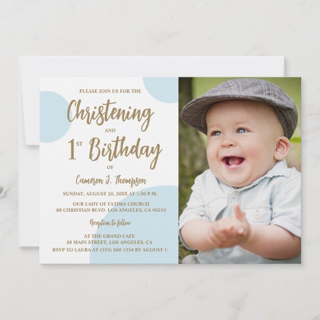 Christening 1st Birthday Photo Blue Gold Custom Invitation (Front)