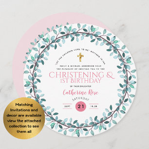 Christening and 1st Birthday Girls Pink Floral Invitation