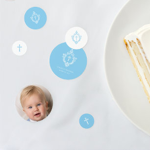 Christening Baby Blue Boy Photo and Crest Baptism Confetti