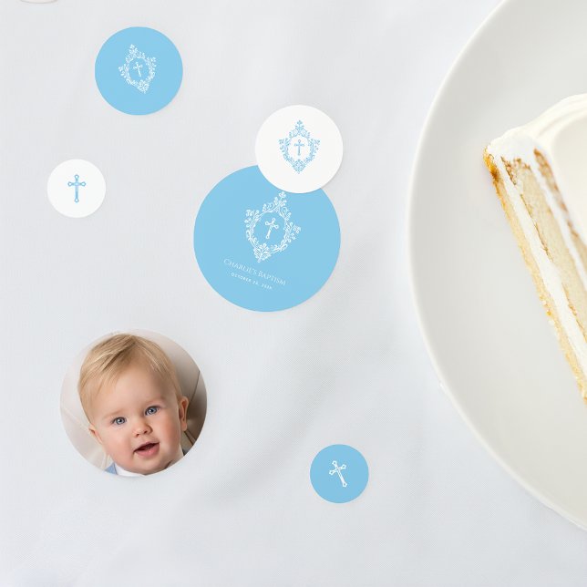 Christening Baby Blue Boy Photo and Crest Baptism Confetti (Creator Uploaded)