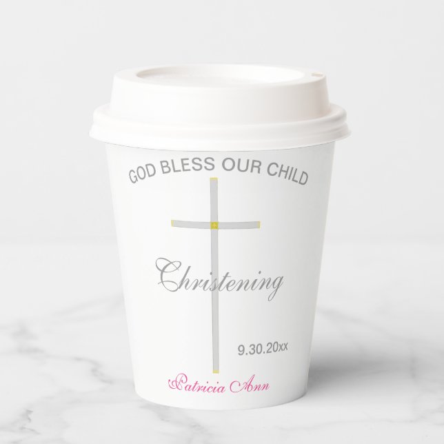 Christening Baby Girl Silver Cross Paper Cups (Front)
