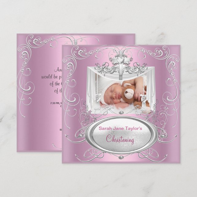Christening Baptism Baby Girl Silver Pink Cross Invitation (Front/Back)