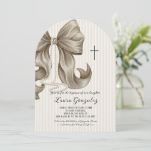 Christening Baptism Elegant Neutral Striped Bow Invitation