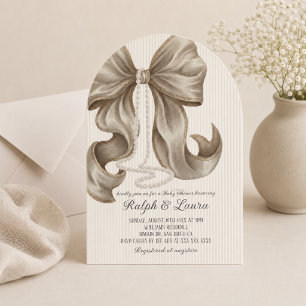 Christening Baptism Elegant Neutral Striped Bow Invitation