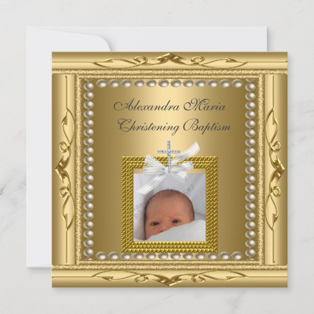 Christening Baptism Gold Photo Frame Bow Card (Front)