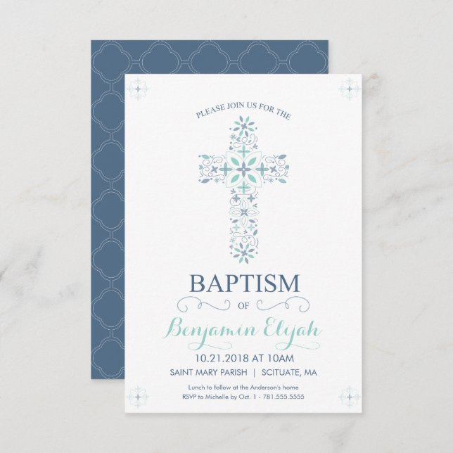 Christening, Baptism Invitation - Baby Boy Invite (Front/Back)