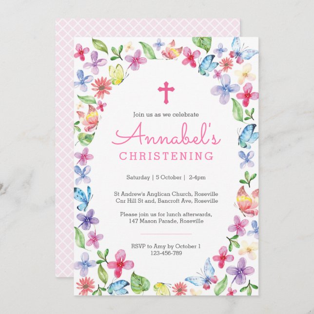 Christening Baptism Invitation Butterfly floral (Front/Back)