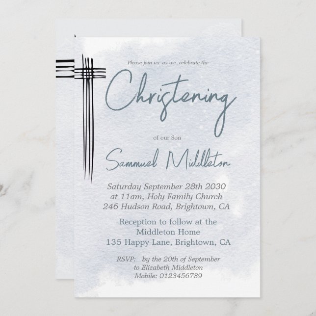 Christening Baptism Modern Blue Wash  Cross Invitation (Front/Back)