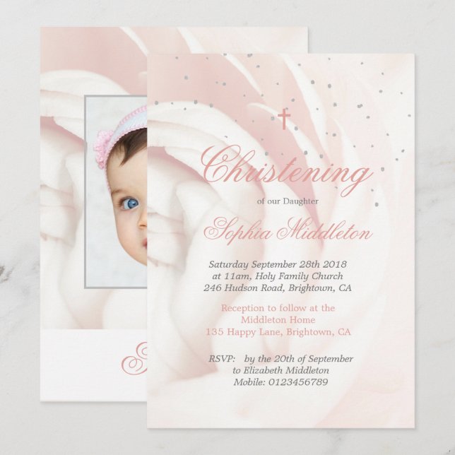 Christening Baptism Photo Girl Pink Rose  Silver Invitation (Front/Back)
