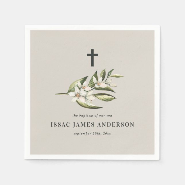 Christening baptism white floral foliage blossom napkin (Front)