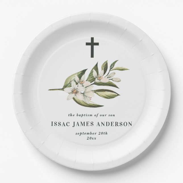 Christening baptism white floral foliage blossom paper plate (Front)