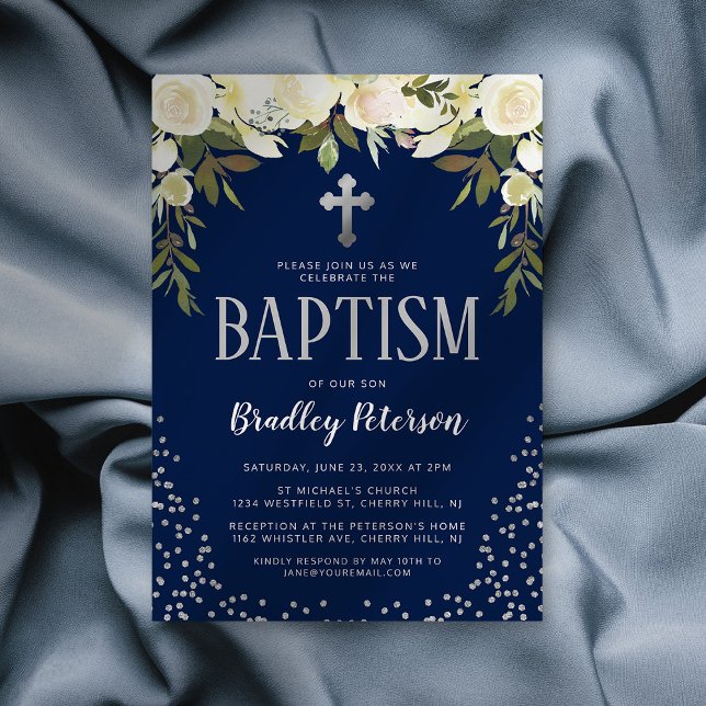 Christening Blue Silver Floral Boy Baptism Invitation (Creator Uploaded)