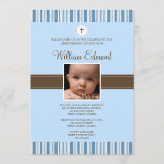 Christening Blue Stripe Photo Invitation - Boy