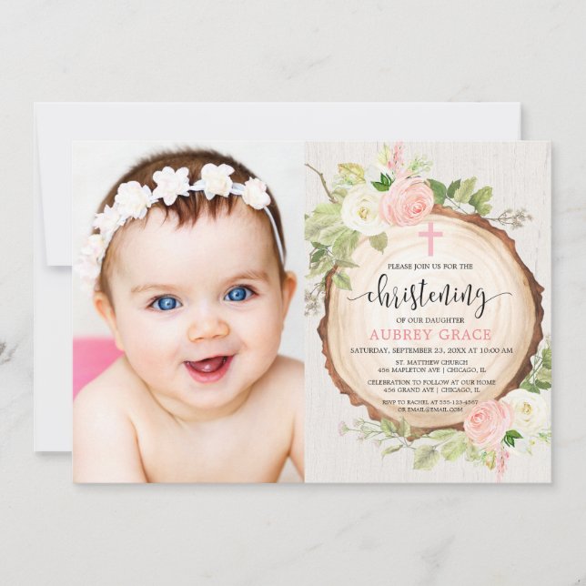 Christening blush pink rustic woodland girl photo invitation (Front)