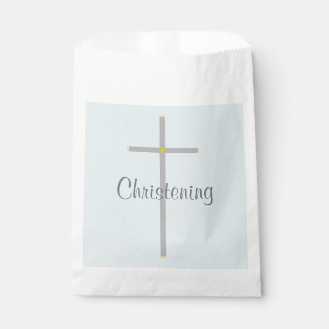 Christening Boy Blue Grey Silver Cross Favour Bags (Front)