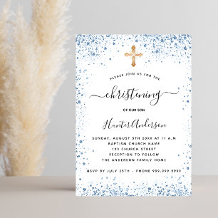 Christening boy blue white gold cross elegant invitation