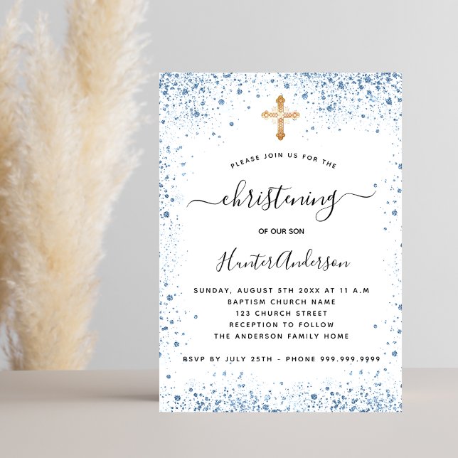 Christening boy blue white gold cross luxury invitation (Creator Uploaded)