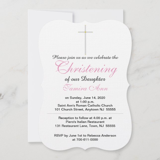 Christening Cross Daughter Pink White Invitation (Front)