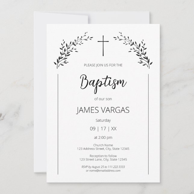 Christening. Elegant leaves floral Baptism Invitation (Front)