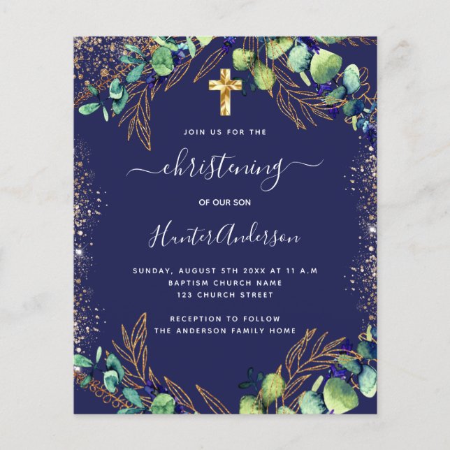 Christening eucalyptus greenery blue invitation flyer (Front)