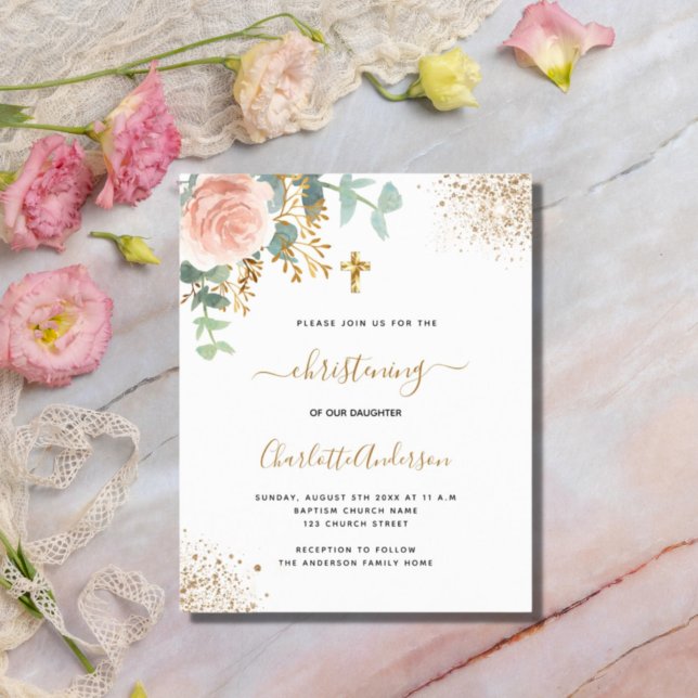 Christening eucalyptus rose budget invitation flyer (Creator Uploaded)