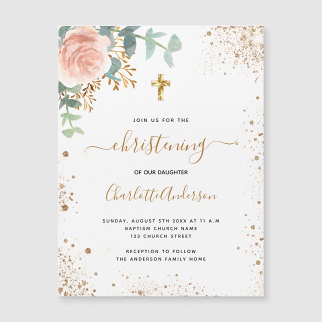 Christening eucalyptus rose invitation magnet (Front)