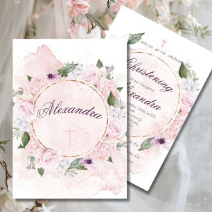 Christening Floral Pink Roses Wreath Invitation